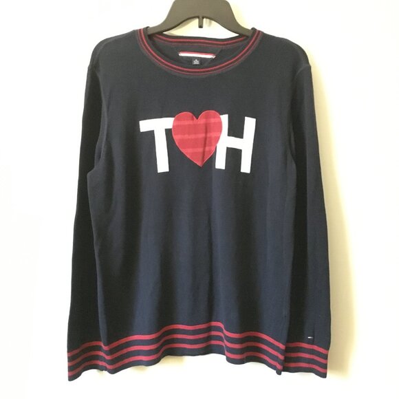 Iconic Tommy Hilfiger Dark Navy Blue and Red Heart Preppy Sweater - Picture 3 of 16
